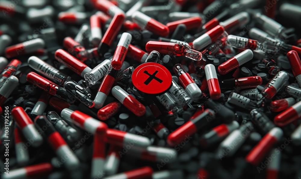 Red and white pills scattered with a black X. Red and white pills scattered with a black X.