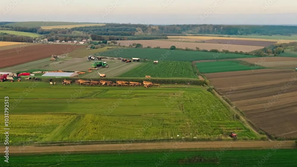 An overview flight over vast fields and farms, where tractors and combines are at work. The camera captures the harvest process, herds of animals in pastures, and modern farm infrastructure. Special a An overview flight over vast fields and farms, where tractors and combines are at work. The camera captures the harvest process, herds of animals in pastures, and modern farm infrastructure. Special a
