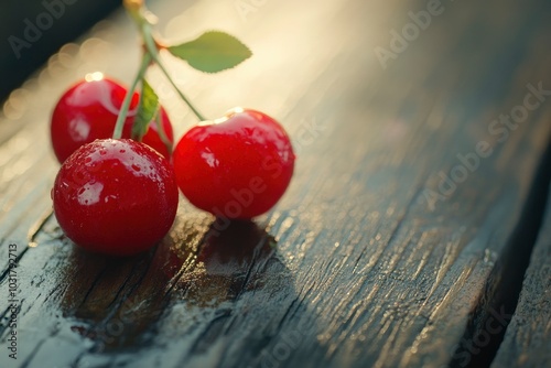 Ripe seasonal red cherry on wooden background. Summer delicious sweet dessert. Close up, macro - generative ai