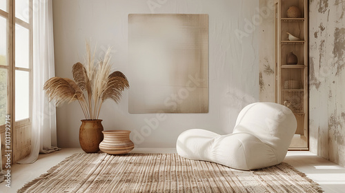 A white room with a white chair and a white rug. Minimalist interior in beige tone.