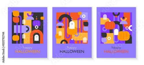 Halloween card set with a minimalistic design. Colored shapes and ghosts on a colored background. Happy Halloween cards.	