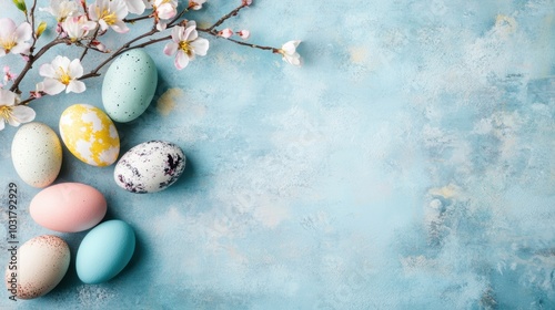 A colorful arrangement of Easter eggs nestled beside delicate cherry blossoms on a soft blue surface, perfect for spring celebrations