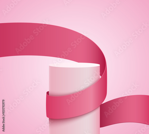 Cylindrical podium or platform wrapped with red gift ribbon on abstract pink background. Product presentation, mockup, pedestal. Vector illustration.