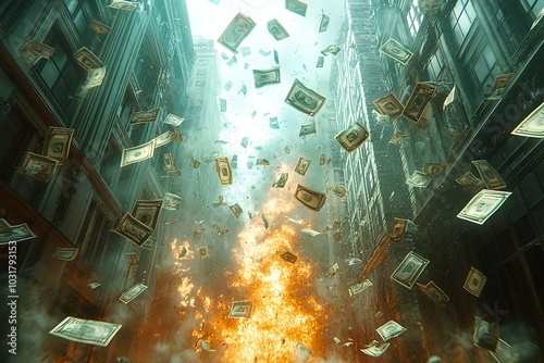 An explosion between towering skyscrapers sends bills of money flying through the air in a chaotic urban scene