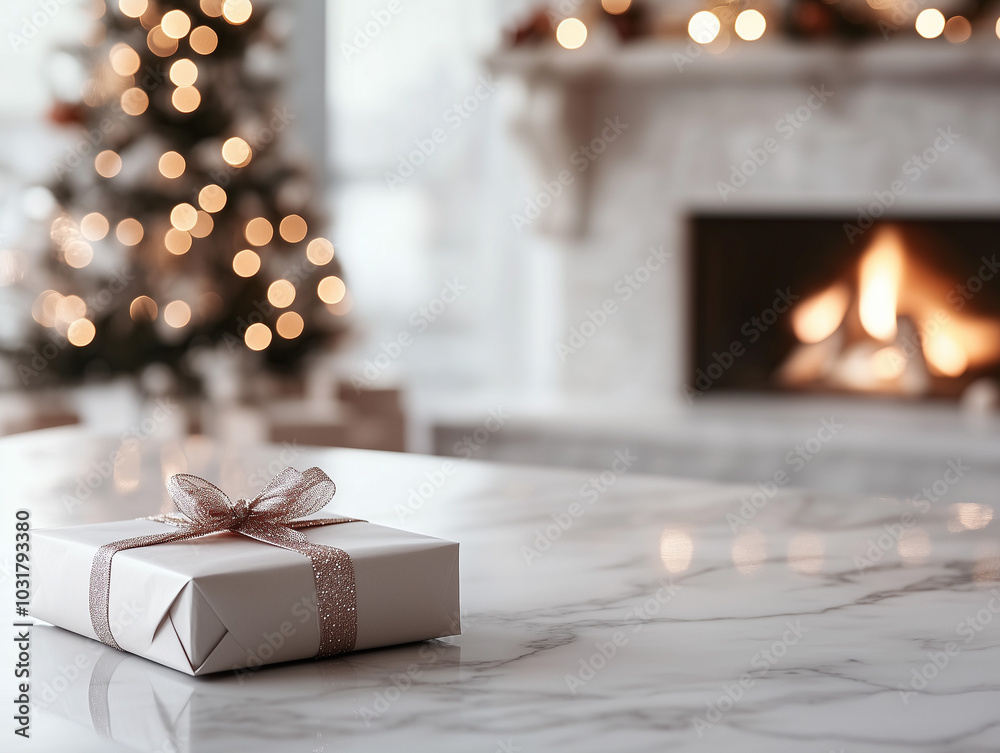 Festive Christmas Gift Box with Gold Ribbon and Decorations Under Illuminated Tree | Holiday Celebration, Wrapped Presents, Seasonal Ornaments, and Shiny Surprise in Cozy Room Festive Christmas Gift Box with Gold Ribbon and Decorations Under Illuminated Tree | Holiday Celebration, Wrapped Presents, Seasonal Ornaments, and Shiny Surprise in Cozy Room
