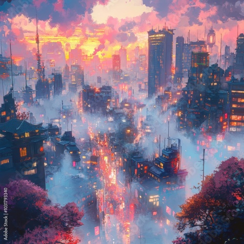 Inspired Cityscape: A Japanese Anime Painting in Rich Pigments and Dreamy 8K Detail