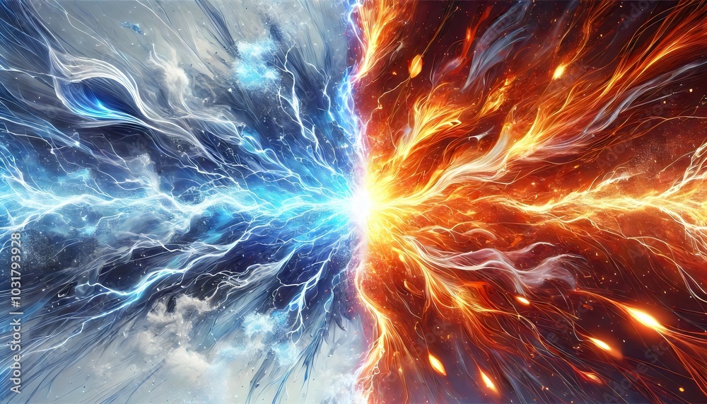Naklejka premium An intense and dynamic visualization of fire and ice clashing, capturing the energy of opposing forces meeting at full strength