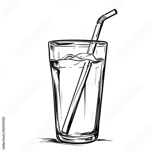 Glass with water, ice and straw. Black and white. Vector illustration. Graphics. Refreshing drink. Cocktail with ice. Drinking Straw Day. World cocktail day.