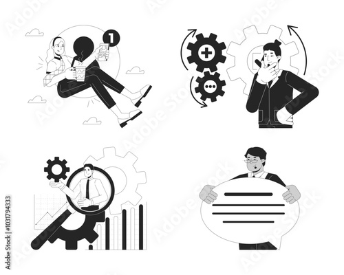 Digital business processes management black and white 2D concepts set. Entrepreneurs employees outline illustration characters isolated. Enterprise technology metaphors monochrome vector collection