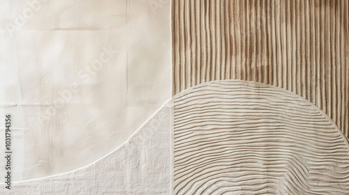 Beige wall with a pattern of lines and curves, white and brown colors, beige tone, minimalist abstract background