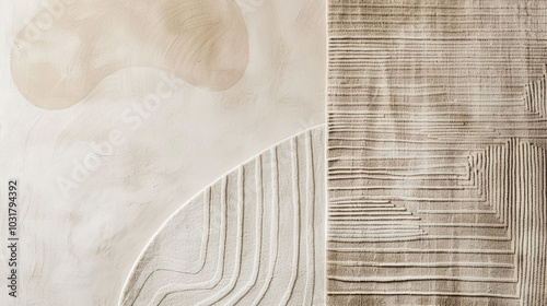 Beige wall with a pattern of lines and curves, white and brown colors, beige tone, minimalist abstract background