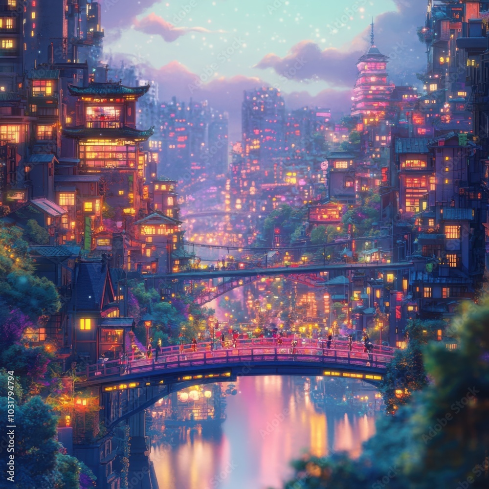 Obraz premium Inspired Cityscape: A Japanese Anime Painting in Rich Pigments and Dreamy 8K Detail
