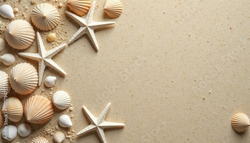 Seashells and Starfish on Sandy Beach, Summer Vacation Concept. photo