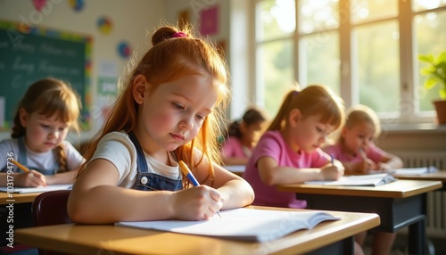 Cute redhead girl diligently writing in a classroom, back to school concept.