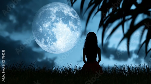  A woman's silhouette in grass before a full moon and a blue sky background