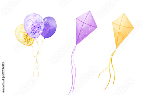 Kite and balloons. Vector watercolor set of flying in the air elements for children's design, cards, birthday invitation