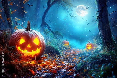 A solitary jack-o'-lantern illuminates a leaf-strewn path under a bright full moon, creating a mystic and haunting Halloween atmosphere in a forest.