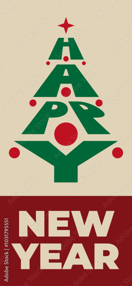 Naklejka premium Happy new year wallpaper, greeting card, poster. Christmas tree, balls. Simple flat design for banner, invitation, greeting card, wallpaper. Party event decoration, vector illustration