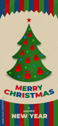 Merry christmas and happy new year greeting card, wallpaper. Christmas tree, balls. Simple flat design for invitation, greeting card, wallpaper. Party event decoration, vector illustration