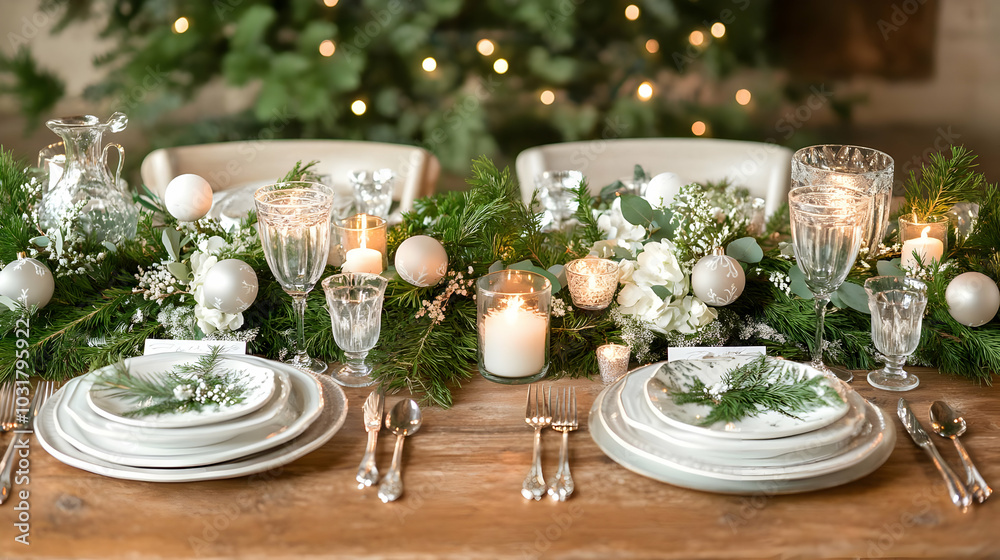Fototapeta premium Elegant Christmas Table Setting with Candles and Greenery.