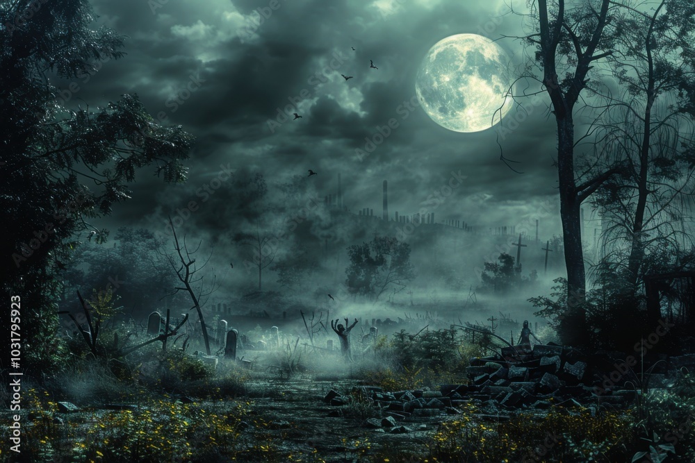 Naklejka premium A shadowy path under a full moon in a desolate landscape, where spectral hands eerily rise from the ground, creating a sense of dread and mystery in this ghostly Halloween setting.
