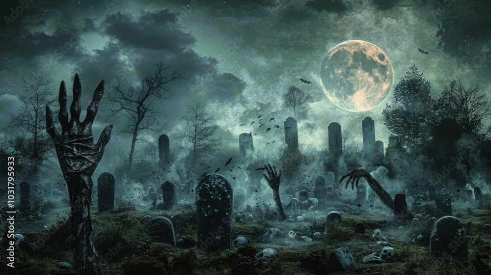 Ethereal hands reach out from the graves in a haunted cemetery under a bright full moon, casting an eerie glow over a fog-enshrouded landscape, perfect for a chilling Halloween tale.
Ethereal hands reach out from the graves in a haunted cemetery under a bright full moon, casting an eerie glow over a fog-enshrouded landscape, perfect for a chilling Halloween tale.