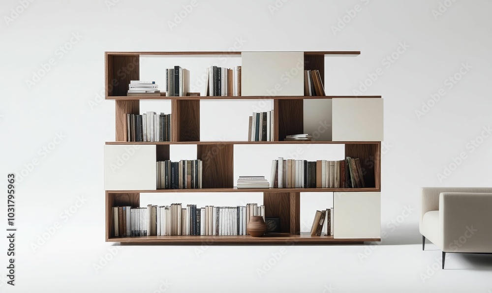 Modern bookshelf with white panels filled with books. Modern bookshelf with white panels filled with books.