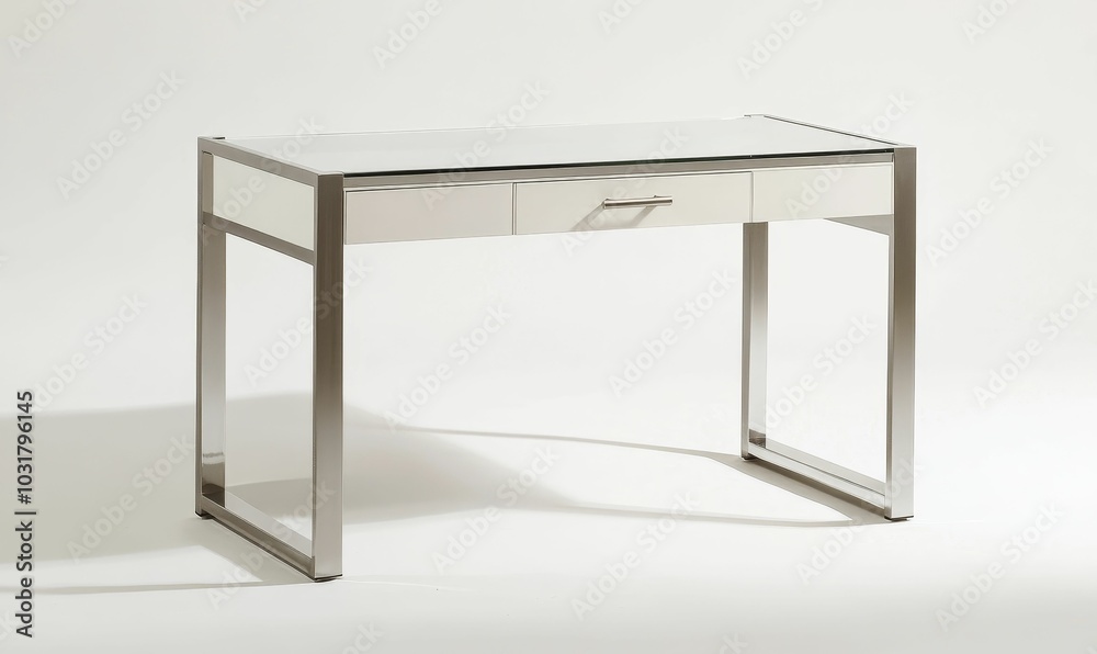 White table with glass top and drawer. White table with glass top and drawer.