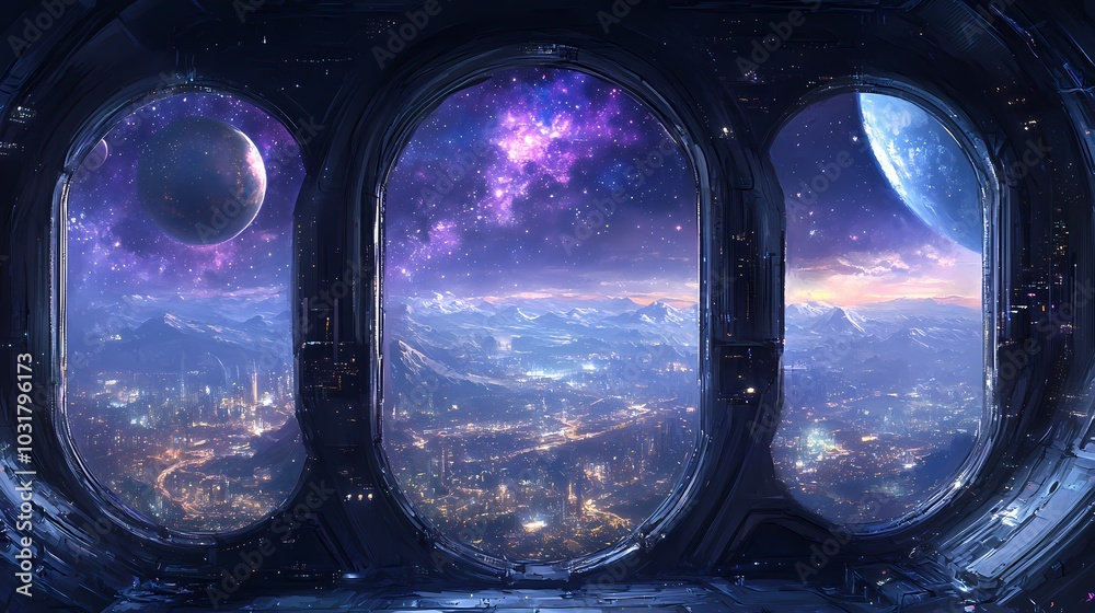 Stunning cosmic view from a sci-fi spaceship window showcasing distant planets and stars. Stunning cosmic view from a sci-fi spaceship window showcasing distant planets and stars.