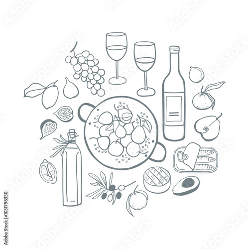 Hand drawn doodle style food composition. Set of fruits, cheese, wine, olive oil and other food items