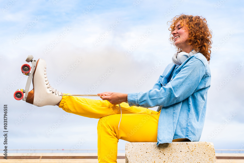 © oneinchpunch - Beautiful red haired young woman with rollerskates having fun outdoors