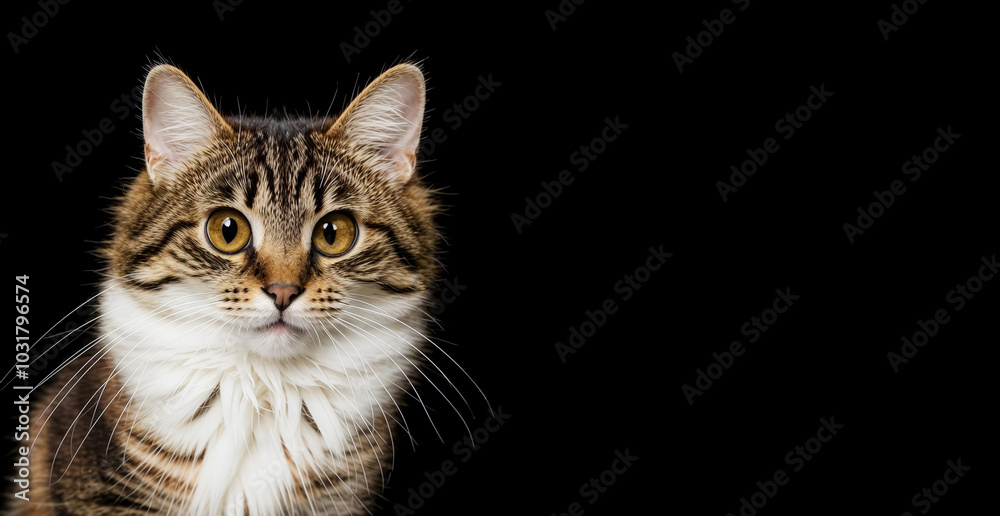 Obraz premium a grey cat on a black background. a pet, a fluffy pet. illustration. artificial intelligence generator, AI, neural network image. background for the design.