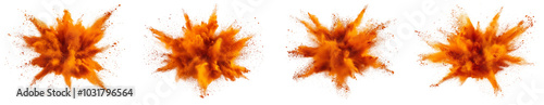 bright orange holi paint color powder festival explosion burst isolated white background. industrial print concept background