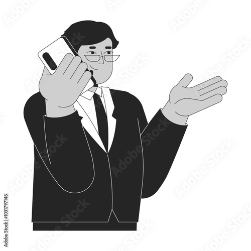Middle aged arab man talking on phone black and white 2D line character. Middle eastern eyeglasses business manager call making isolated vector outline person. Monochromatic spot illustration