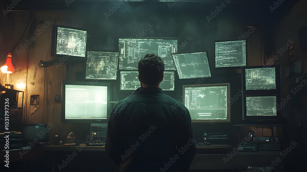 Hacker in a Dark Room with Multiple Monitors. Hacker in a Dark Room with Multiple Monitors.