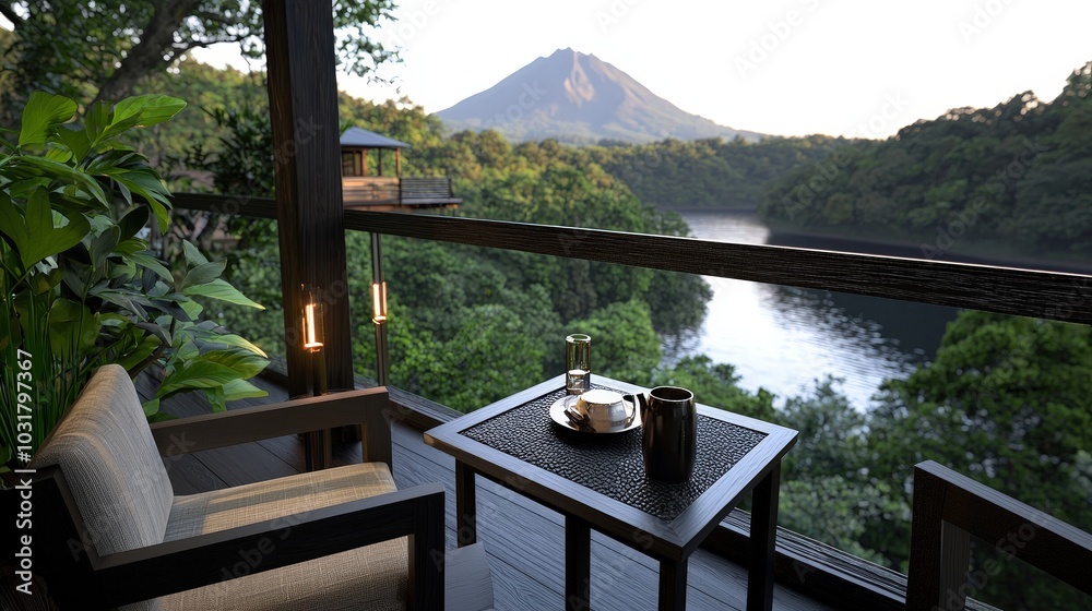Fototapeta premium Luxury Cabin Balcony with Stunning Lake and Mountain Sunset View