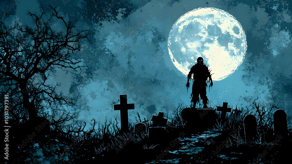 Zombie in Graveyard under Full Moon. Zombie in Graveyard under Full Moon.