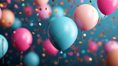 Colorful balloons in shades of pink and blue float against a festive background filled with sparkling confetti, creating a vibrant atmosphere perfect for celebrations.