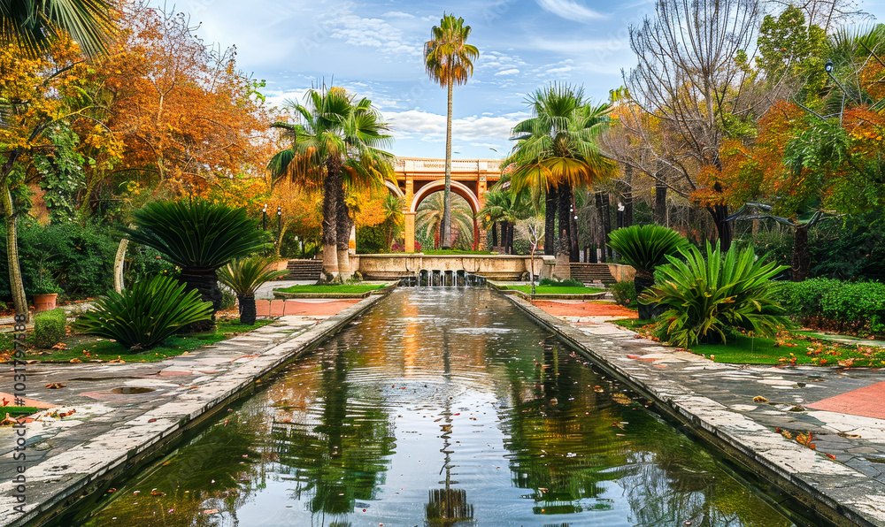 Scenic View of Turia Gardens in Valencia, Spain with Palm Trees and Reflective Pond on a Clear Autumn Day