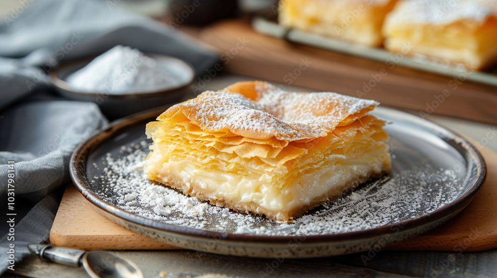 A slice of cheesecake with powdered sugar on top. Blurred kitchen background. A slice of cheesecake with powdered sugar on top. Blurred kitchen background.