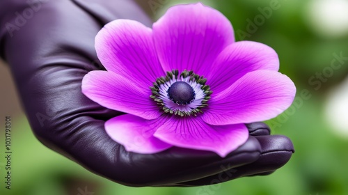  A tight shot of a hand enclosed in a glove holding a purplish flower in the palm photo