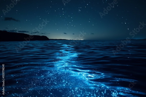 Starry night sky above a bioluminescent ocean, ethereal glow