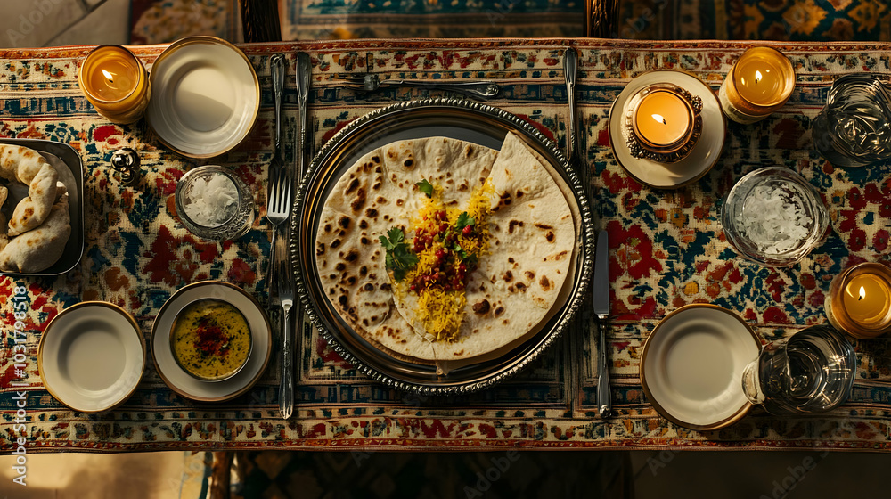 Indian Food on a Table Setting with Candles Indian Food on a Table Setting with Candles