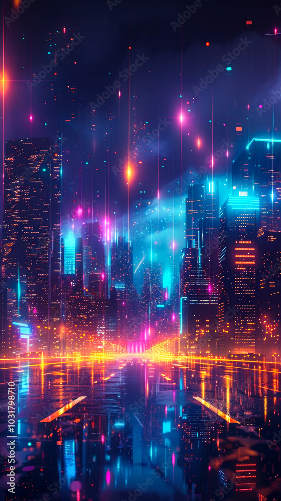 Futuristic Smart Cityscape with Neon Lights in Metaverse Setting, Technological Innovation and Cyberpunk Aesthetic at Night