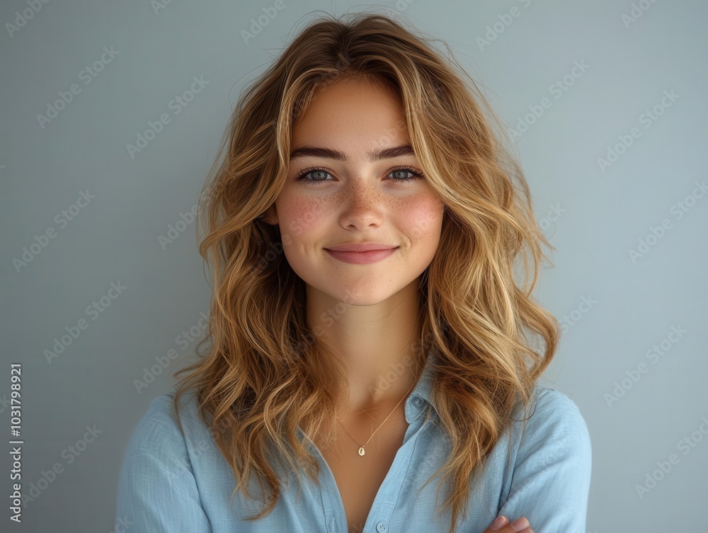 confident young woman in a blue shirt, crossing her arms while smiling, embodies professionalism and style against a soft gray background, showcasing her approachable demeanor confident young woman in a blue shirt, crossing her arms while smiling, embodies professionalism and style against a soft gray background, showcasing her approachable demeanor
