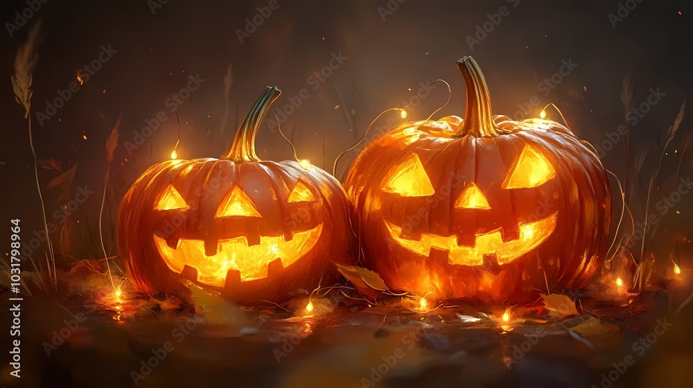 Two glowing Halloween pumpkins with cheerful faces surrounded by autumn leaves. Two glowing Halloween pumpkins with cheerful faces surrounded by autumn leaves.