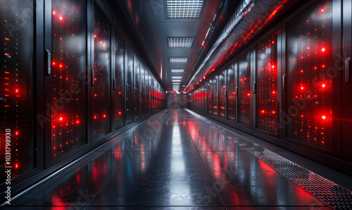 Modern Data Center Interior with Rows of Operational Server Racks and Red LED Lights - Cloud Computing and AI Technology Infrastructure