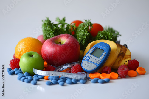 Fototapeta Naklejka Na Ścianę i Meble -  Fresh fruits and vegetables with glucometer and tape measure, symbolizing a healthy diet, diabetes control, and balanced nutrition for managing blood sugar and promoting wellness

