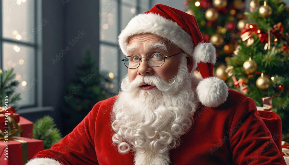 Senior man in glasses and red Santa Claus suit sitting against decorated Christmas tree. Festive cheerful mood, Christmas spirit. Senior man in glasses and red Santa Claus suit sitting against decorated Christmas tree. Festive cheerful mood, Christmas spirit.