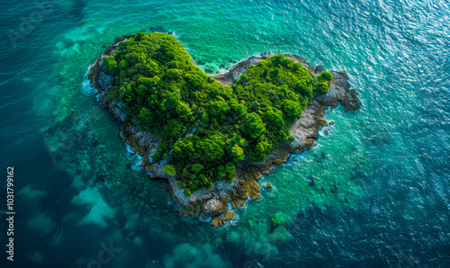 Aerial View of Love Heart Shaped Tropical Island, Exotic Travel Destination, Clear Blue Waters, Lush Greenery, Romantic Getaway Concept, Paradise Island, Vacation Spot, Natural Scenic Beauty